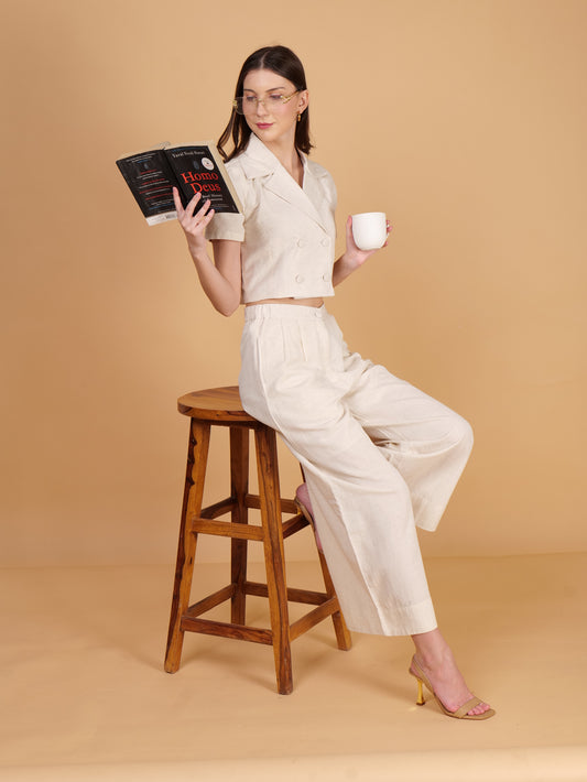 Off White Cotton Double Breasted Notched Lapel Crop Top Coord Set