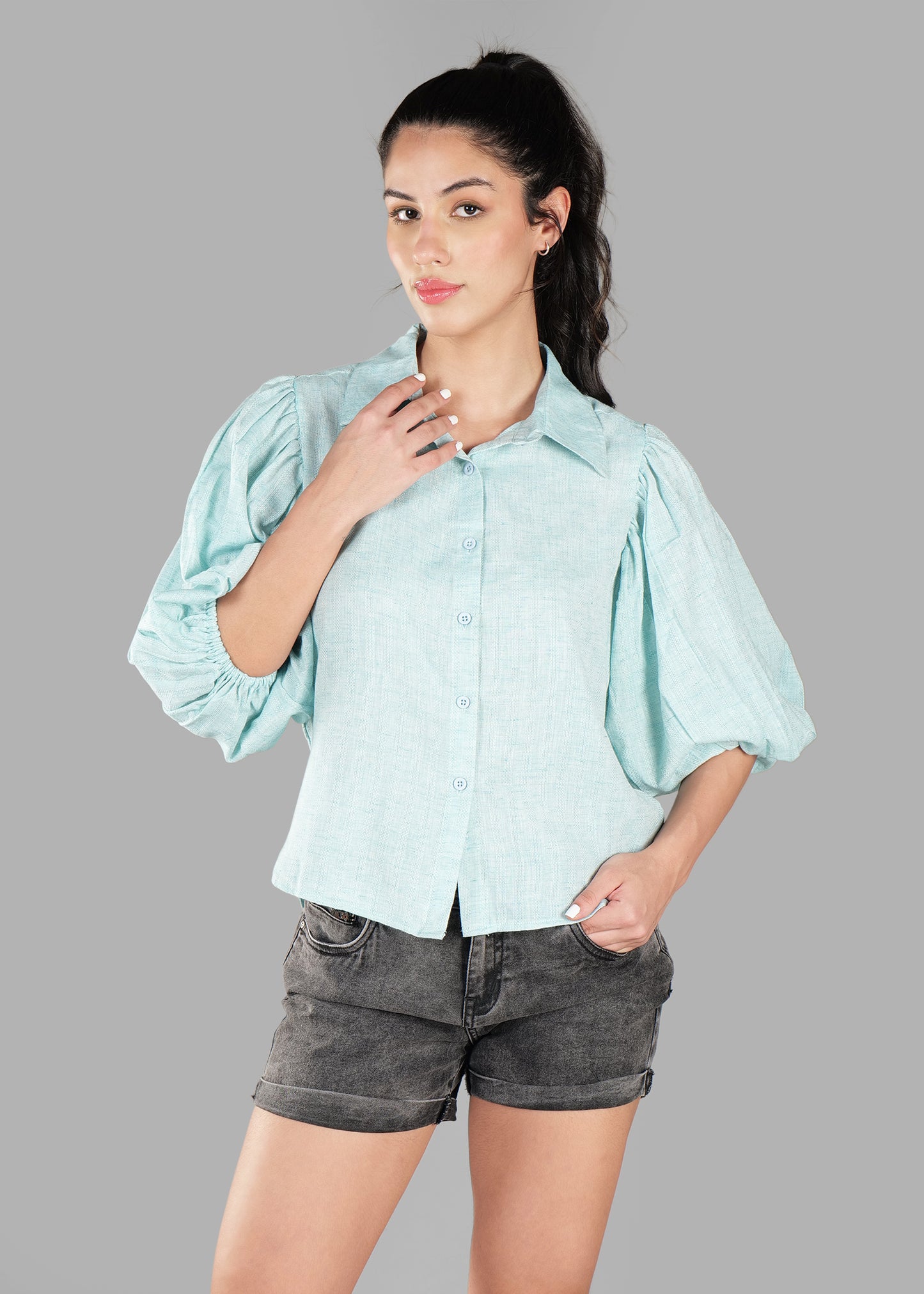 Light Sky Blue Cotton Dobby Print Soft Curve Shirt