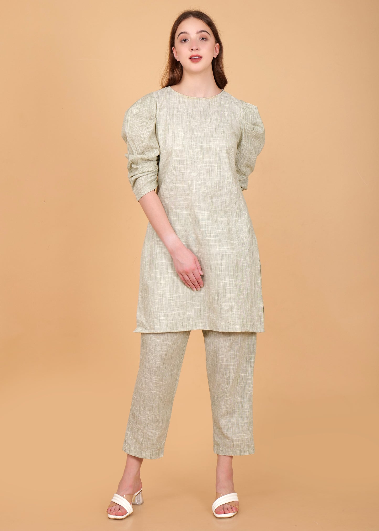 Khadi Cotton Green Kurta Coord Set