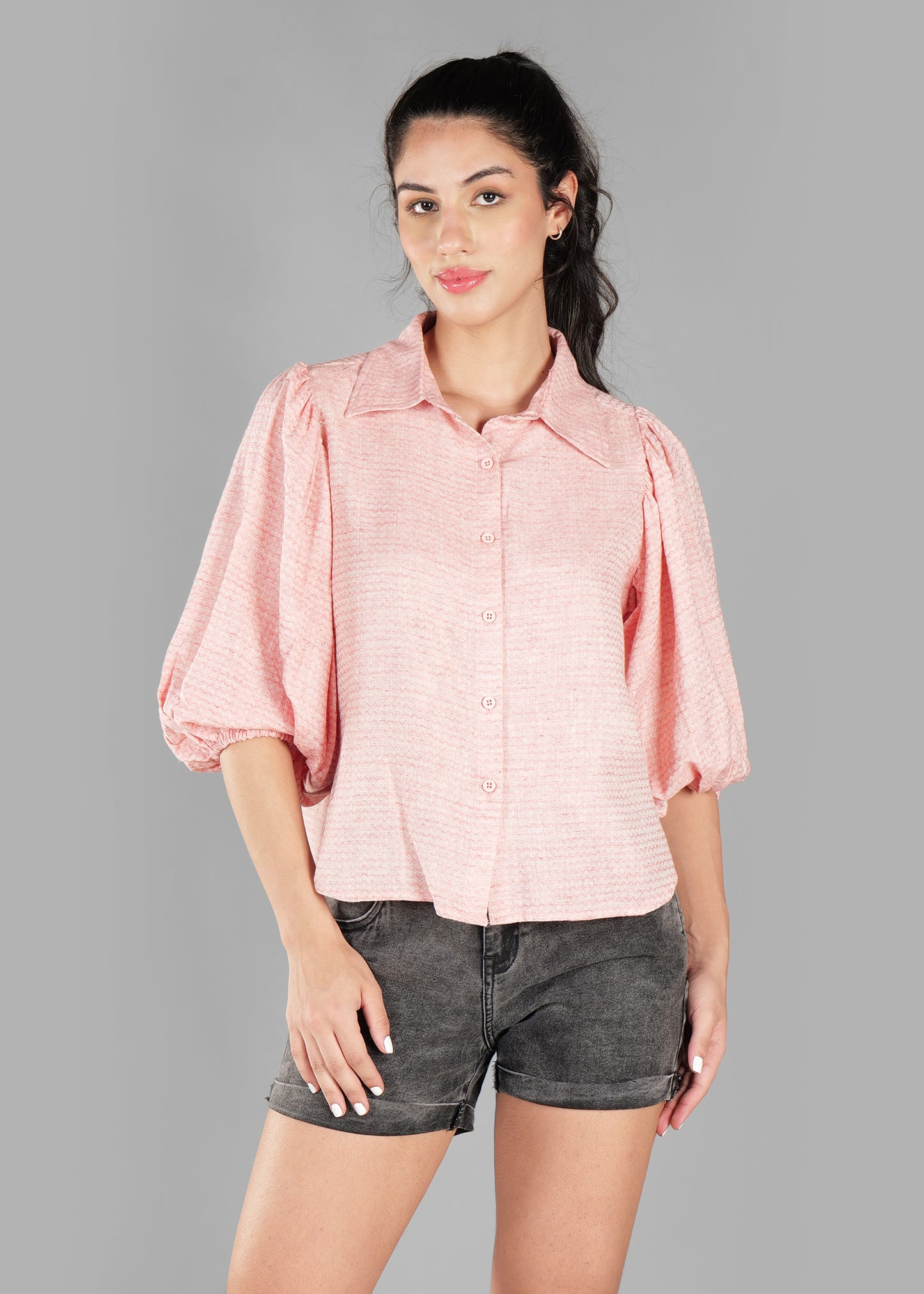 Light Orange Cotton Dobby Print Soft Curve Shirt