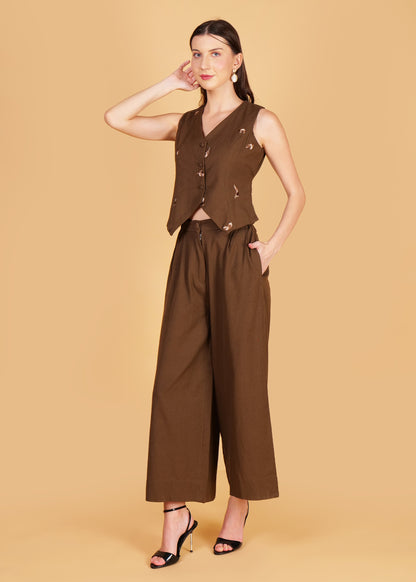 Brown Embroidered Cotton Waist Coat Coord Set