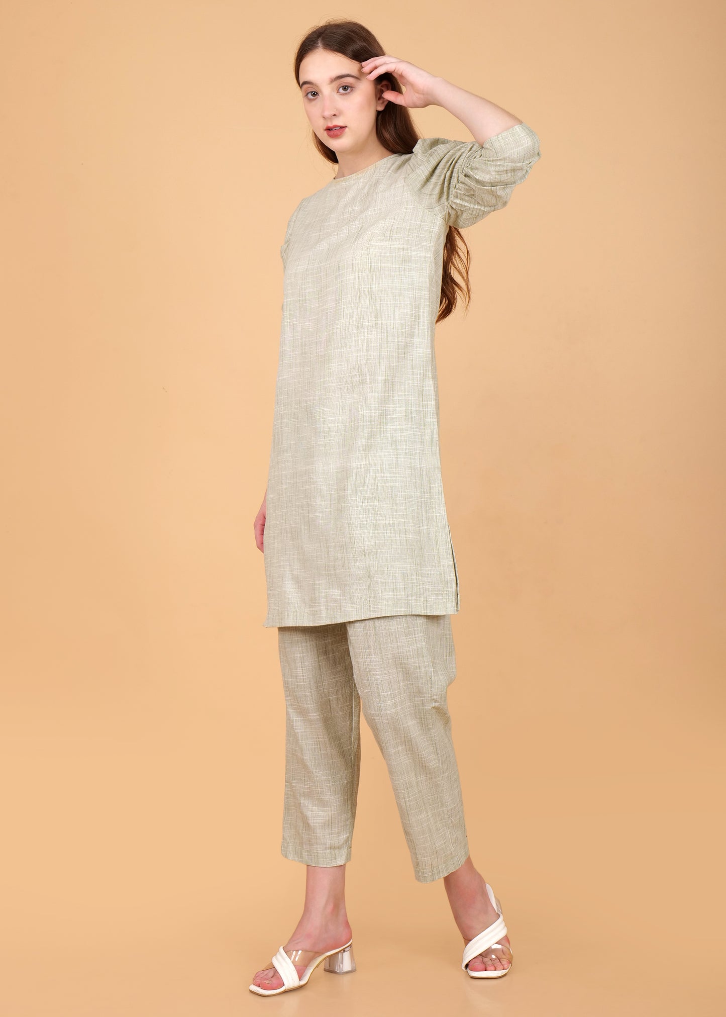 Khadi Cotton Green Kurta Coord Set