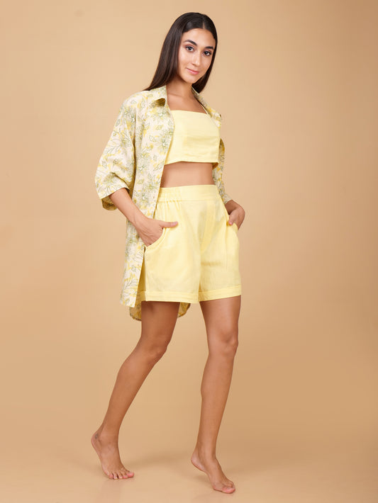 Light Yellow Pure Cotton Two Piece Top & Shorts Coord Set