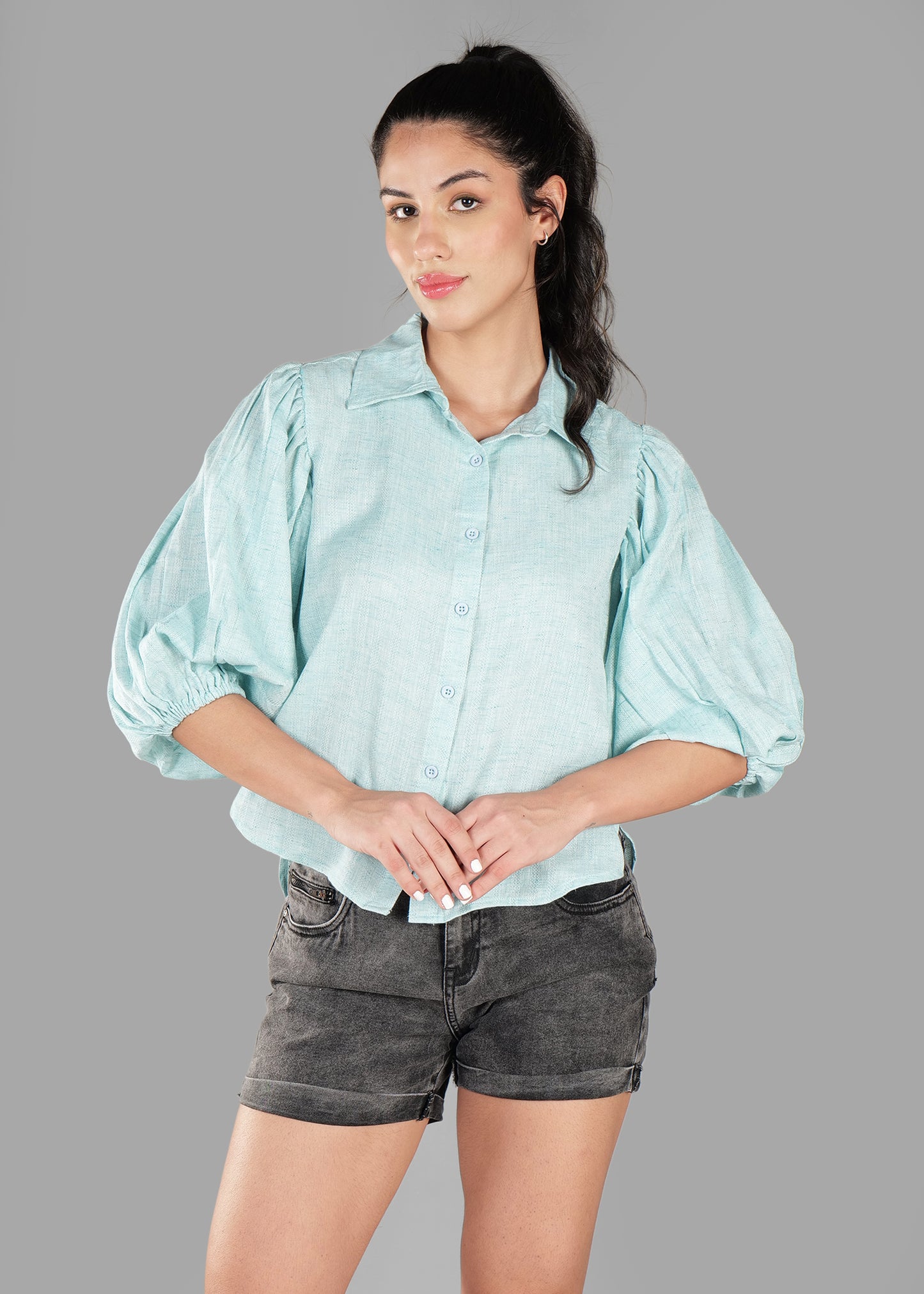 Light Sky Blue Cotton Dobby Print Soft Curve Shirt