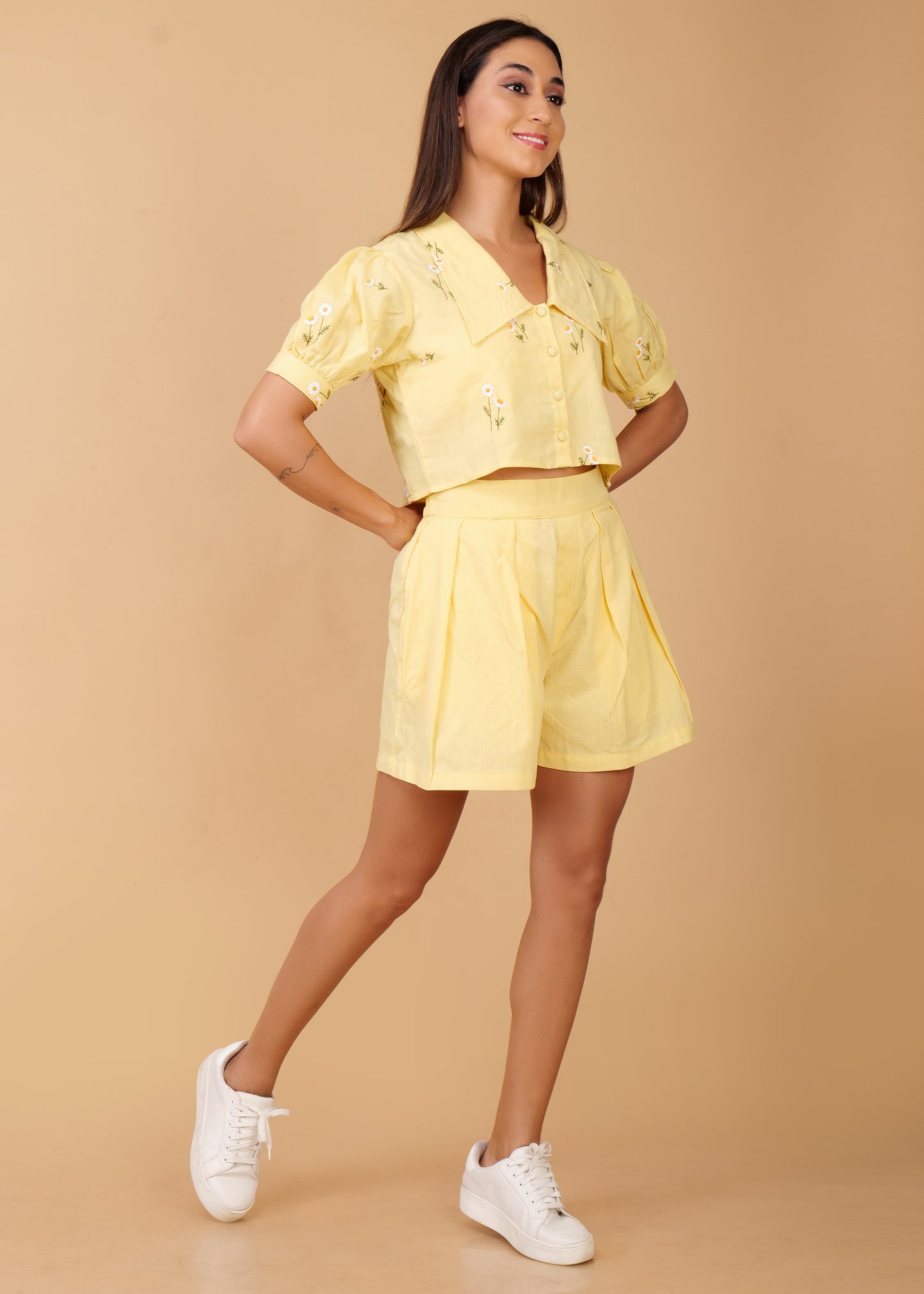 Lemon Premium Embroidered Long Collar Coord Set