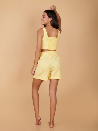 Light Yellow Pure Cotton Two Piece Top & Shorts Coord Set