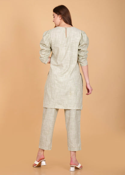 Khadi Cotton Green Kurta Coord Set