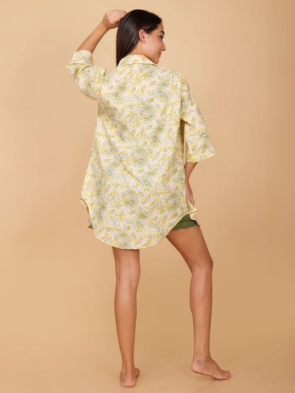 Yellow Leafy Print Pure Cotton Shirt