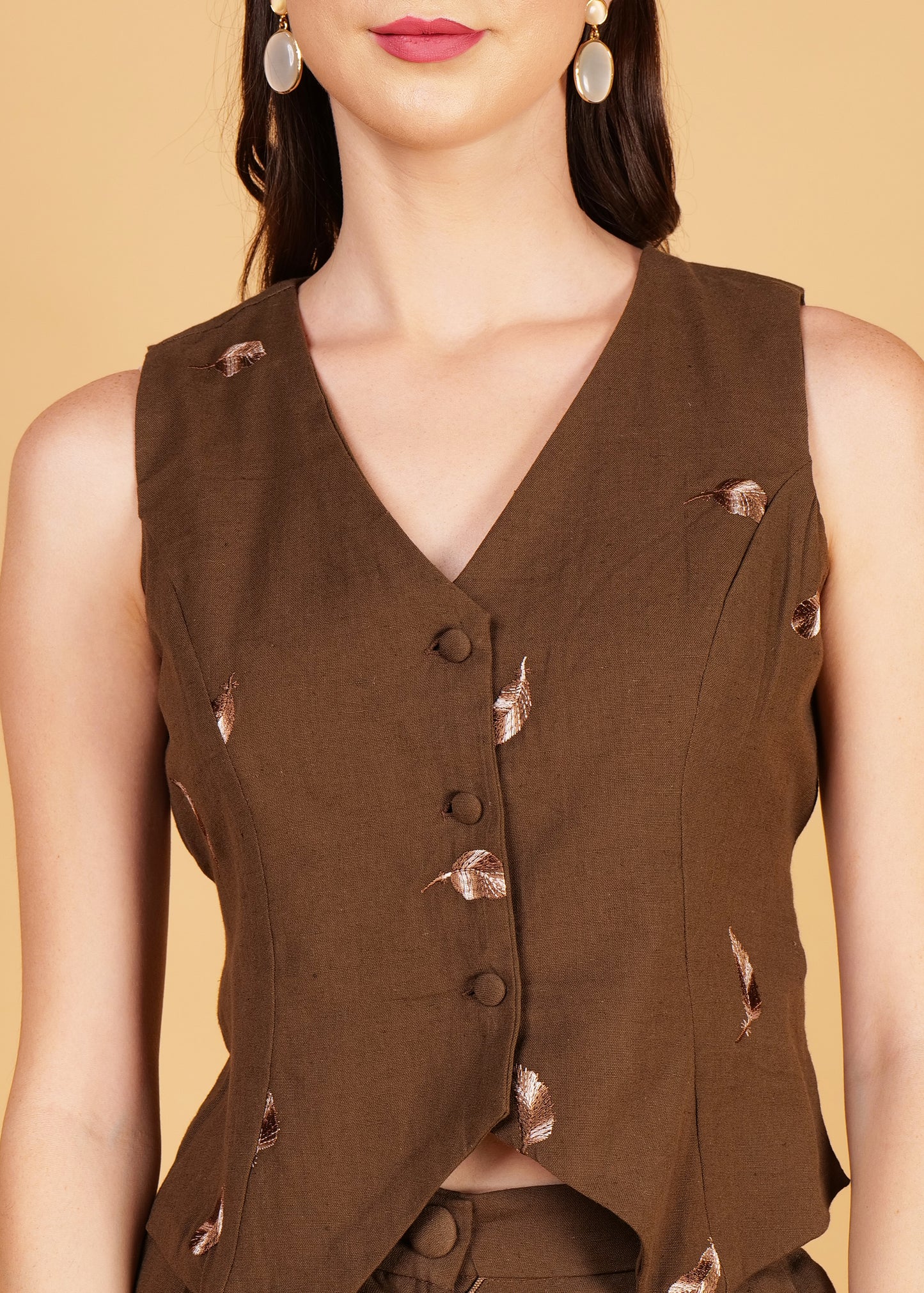 Brown Embroidered Cotton Waist Coat Coord Set