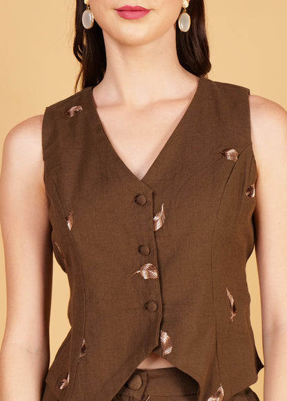 Brown Embroidered Cotton Waist Coat Coord Set