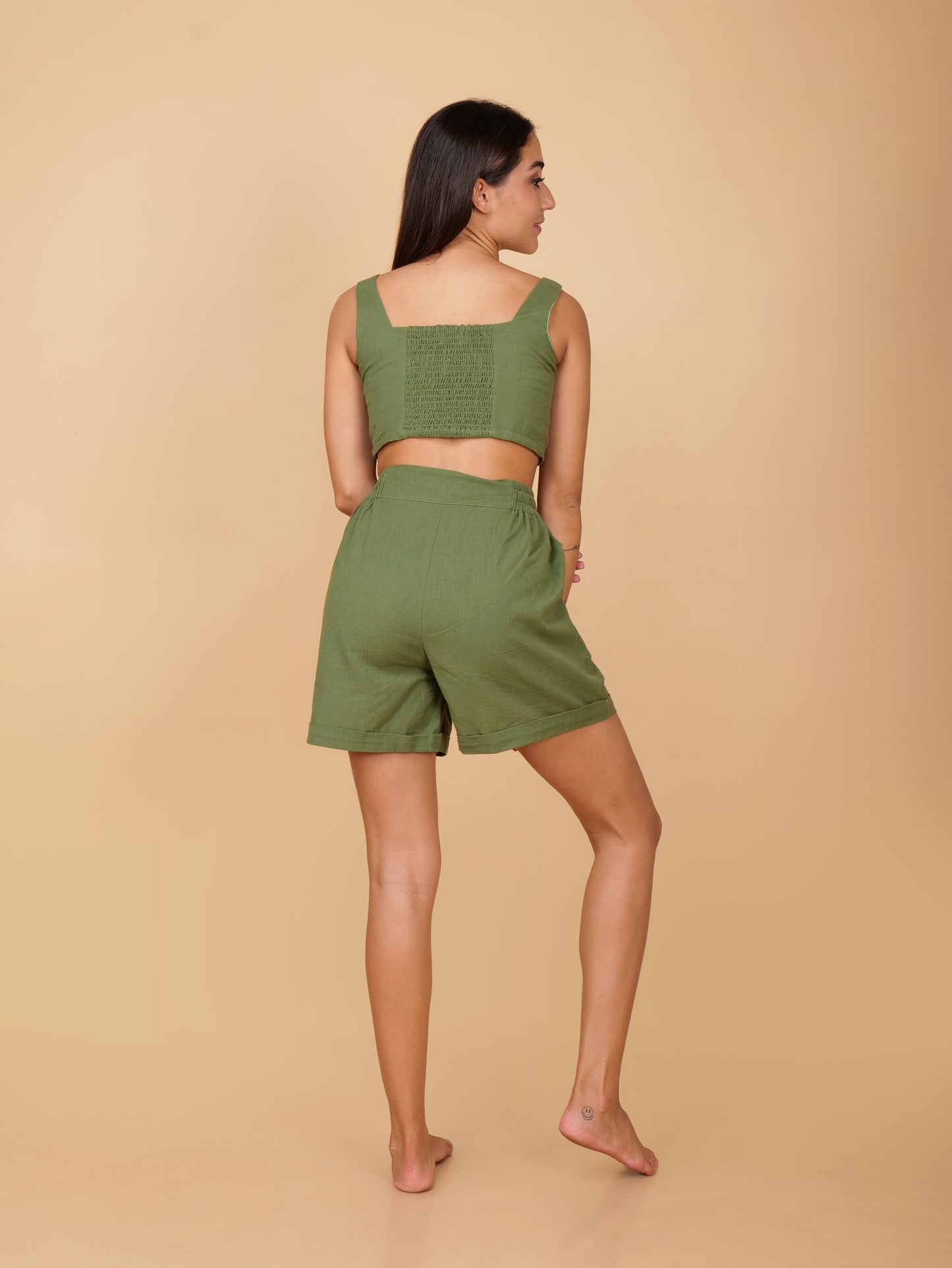 Green Pure Cotton Two Piece Top & Shorts Coord Set