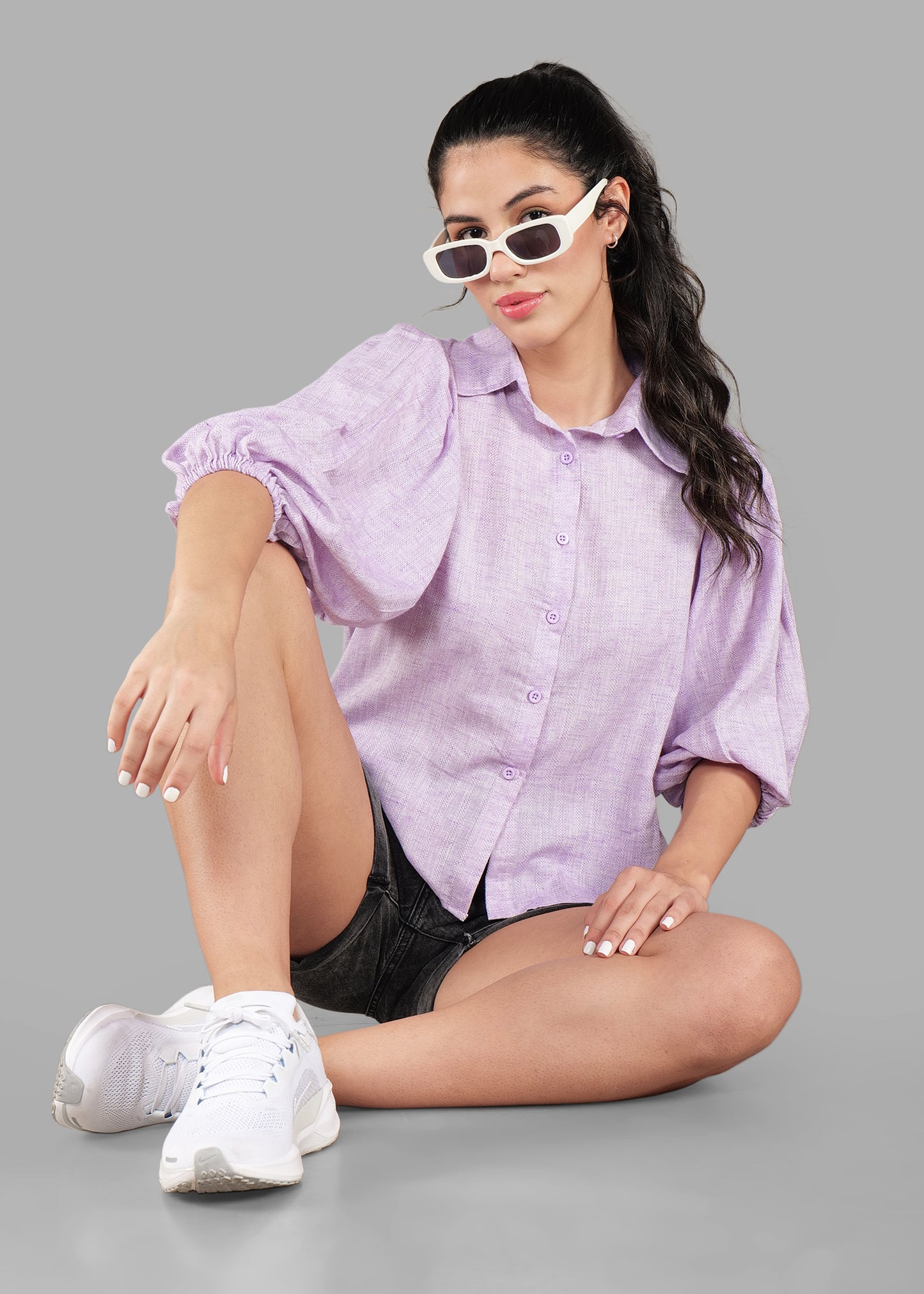 Purple Cotton Dobby Print Soft Curve Shirt