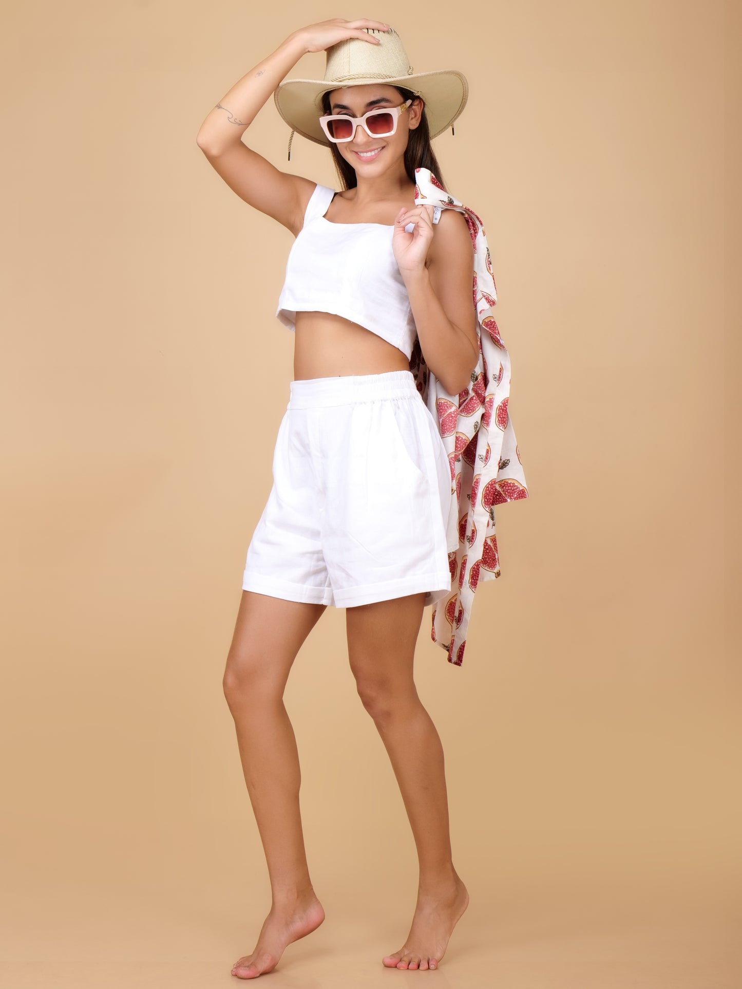 White Pure Cotton Two Piece Top & Shorts Coord Set