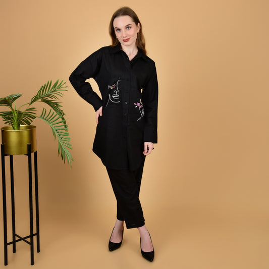 Black Pure Cotton Long Shirt With Hand Embroidered Pocket Coord Set