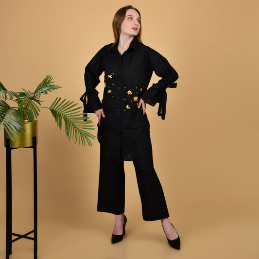 Black Pure Cotton Long Shirt With Hand Embroidered Pocket and Frilled Sleeves Coord Set