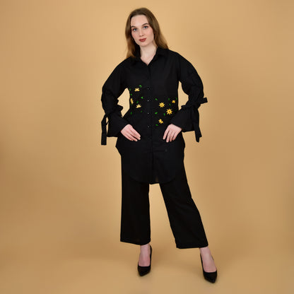 Black Pure Cotton Long Shirt With Hand Embroidered Pocket and Frilled Sleeves Coord Set