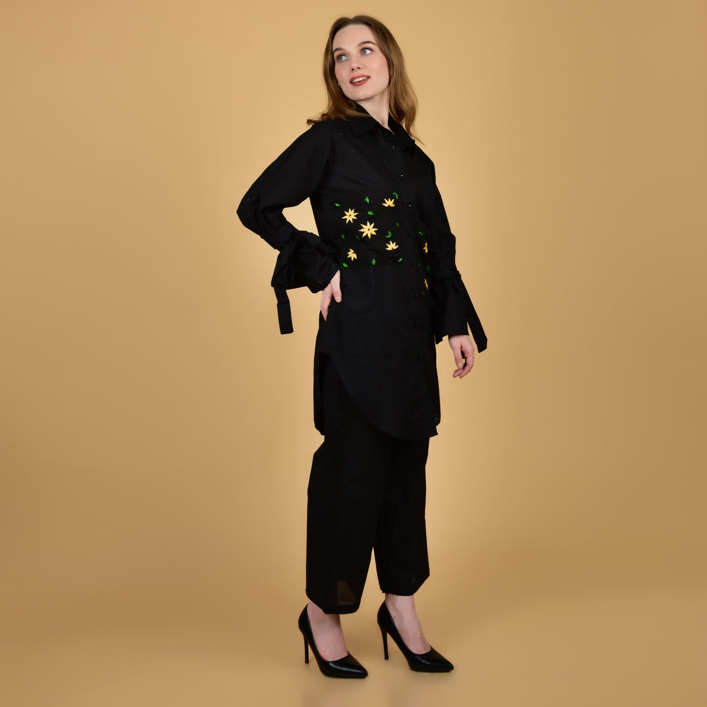 Black Pure Cotton Long Shirt With Hand Embroidered Pocket and Frilled Sleeves Coord Set