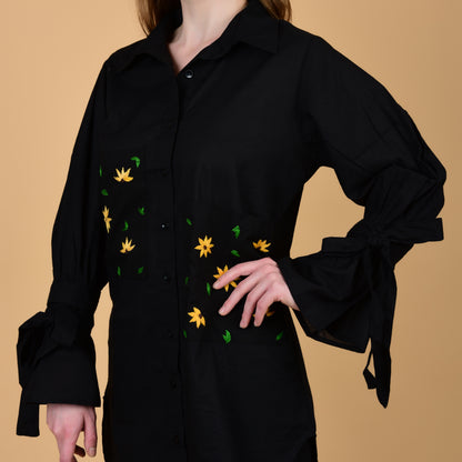 Black Pure Cotton Long Shirt With Hand Embroidered Pocket and Frilled Sleeves Coord Set