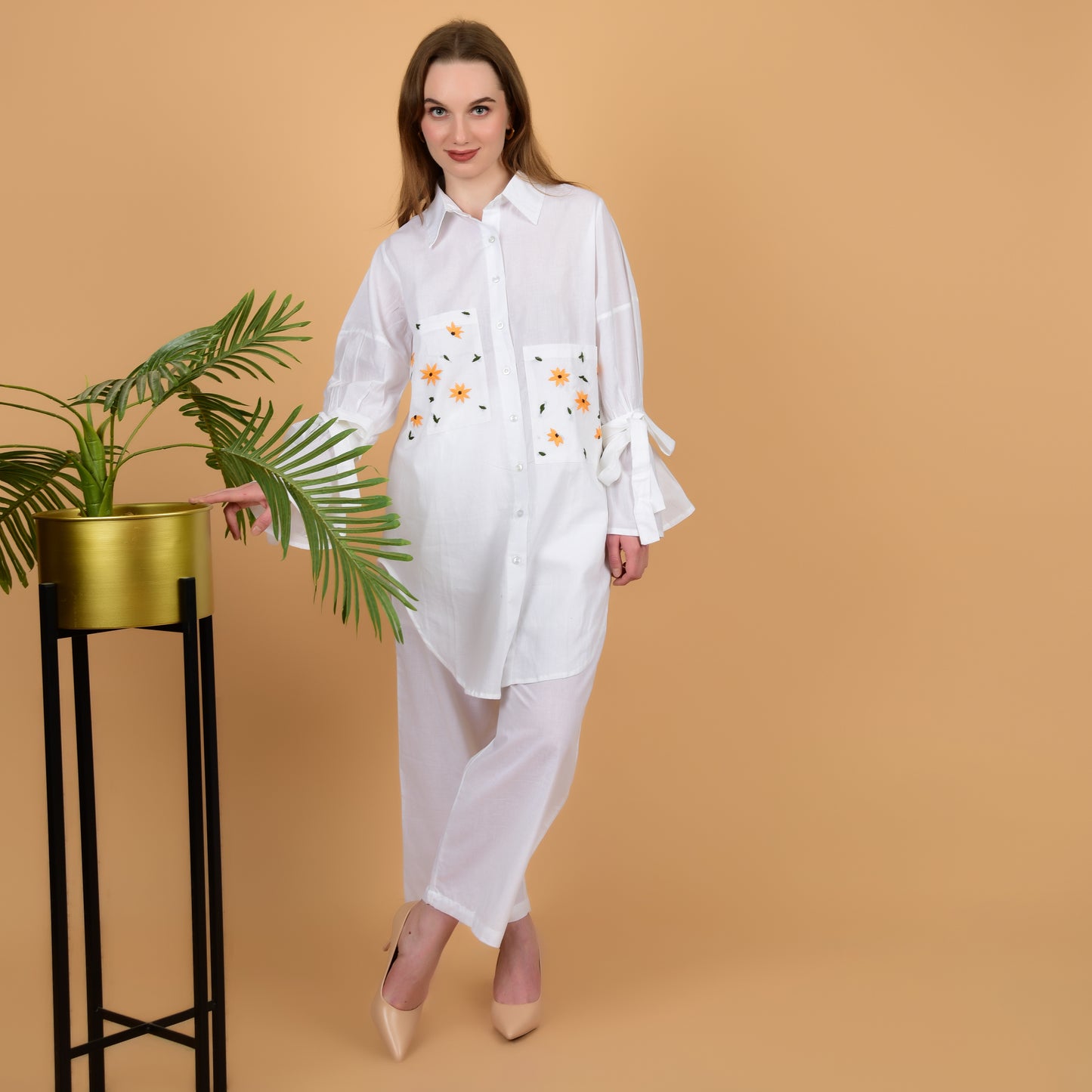 White Pure Cotton Long Shirt With Hand Embroidered Pocket and Frilled Sleeves Coord Set