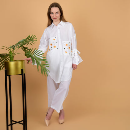 White Pure Cotton Long Shirt With Hand Embroidered Pocket and Frilled Sleeves Coord Set