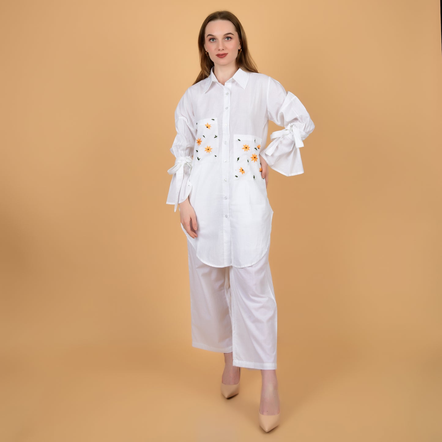 White Pure Cotton Long Shirt With Hand Embroidered Pocket and Frilled Sleeves Coord Set