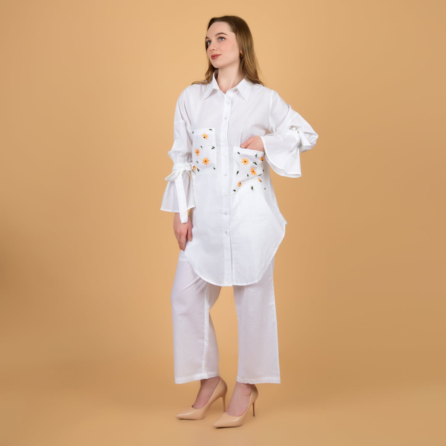 White Pure Cotton Long Shirt With Hand Embroidered Pocket and Frilled Sleeves Coord Set