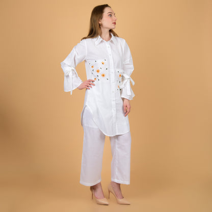 White Pure Cotton Long Shirt With Hand Embroidered Pocket and Frilled Sleeves Coord Set