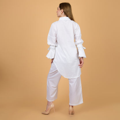 White Pure Cotton Long Shirt With Hand Embroidered Pocket and Frilled Sleeves Coord Set