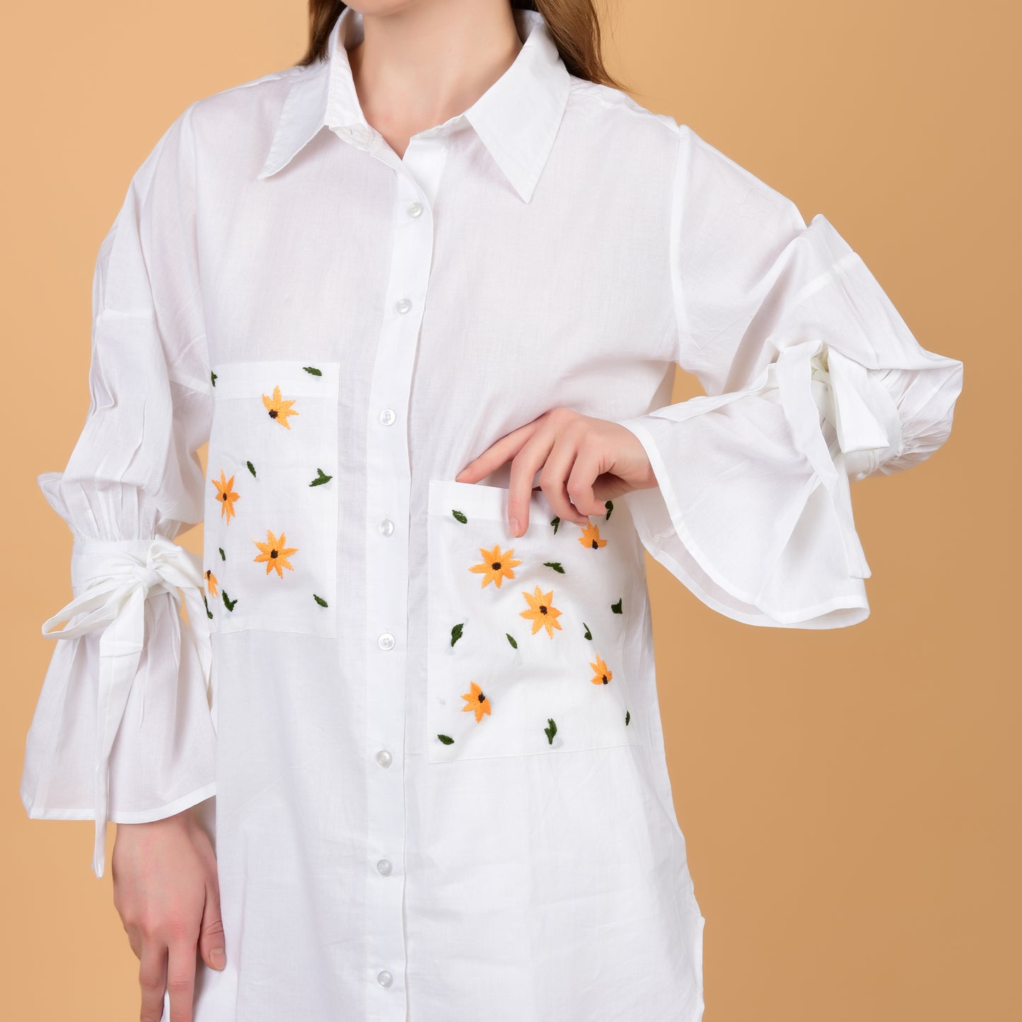 White Pure Cotton Long Shirt With Hand Embroidered Pocket and Frilled Sleeves Coord Set