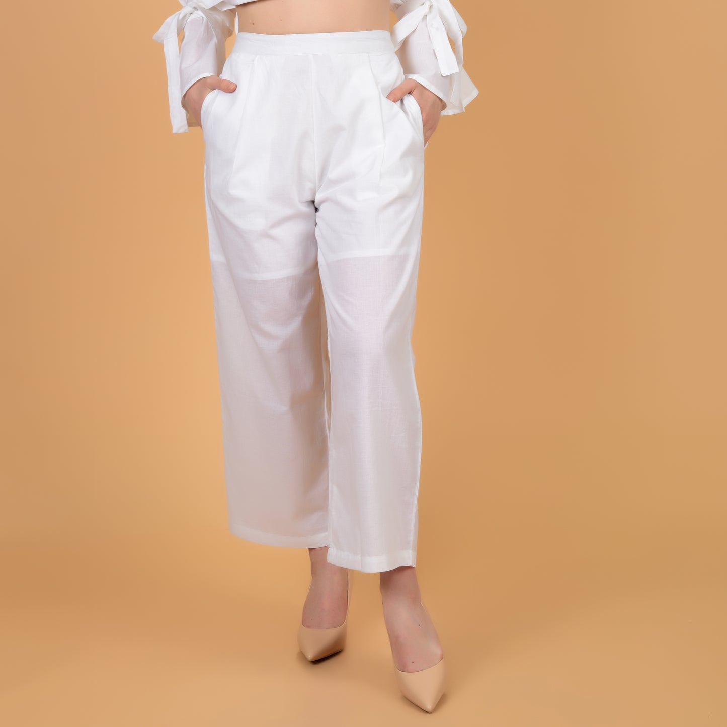 White Pure Cotton Long Shirt With Hand Embroidered Pocket and Frilled Sleeves Coord Set