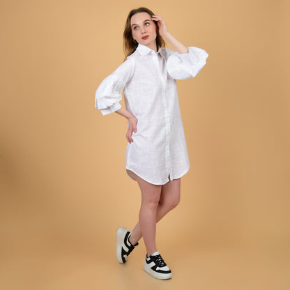 Long Shirt With Balloon Sleeve White Pure Cotton Coord Set