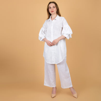 Long Shirt With Balloon Sleeve White Pure Cotton Coord Set