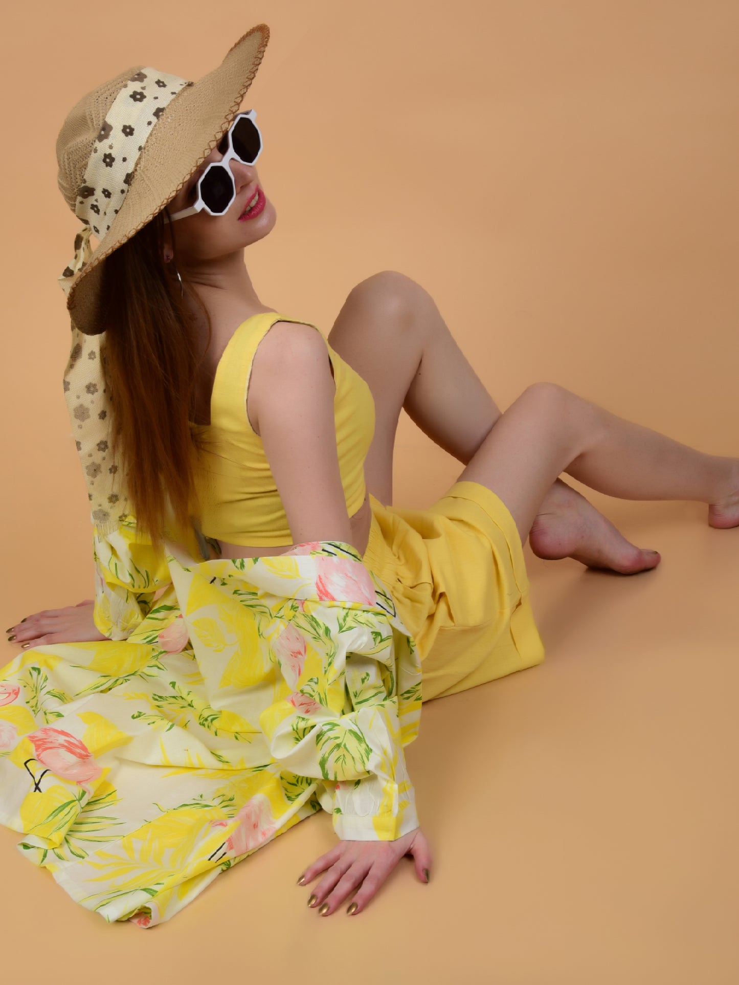 Yellow Flamingo Print Pure Cotton Shrug