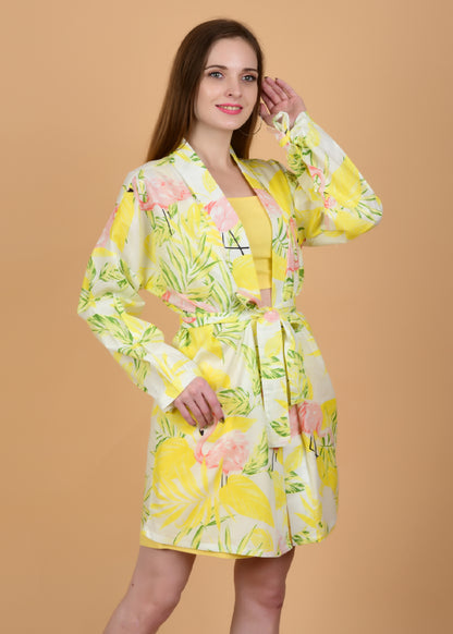 Yellow Flamingo Print Pure Cotton Shrug