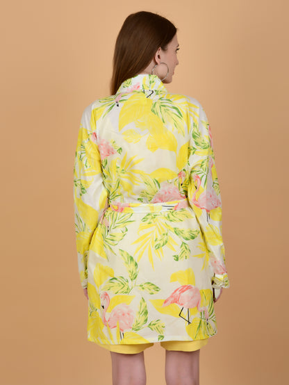 Yellow Flamingo Print Pure Cotton Shrug