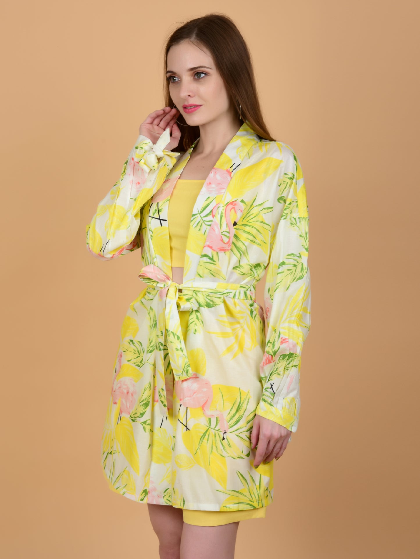 Yellow Flamingo Print Pure Cotton Shrug