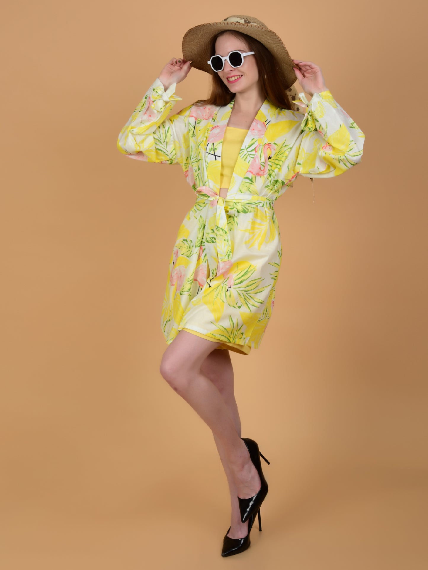 Yellow Flamingo Print Pure Cotton Shrug